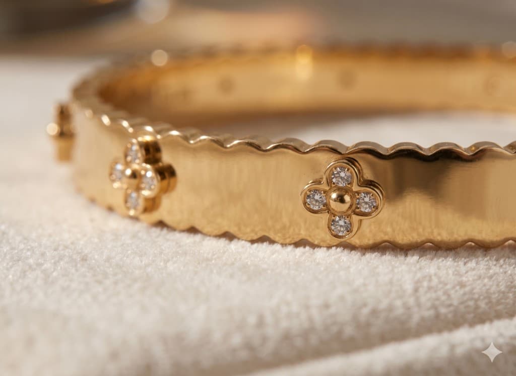 Bracelet RÉVARA en or poli, motifs quadrilobés sertis, sur fond crème.